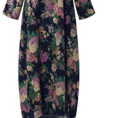 2019  Style Autumn Long Sleeve Vintage Floral Print Cotton Party Long Dress Baggy caftan