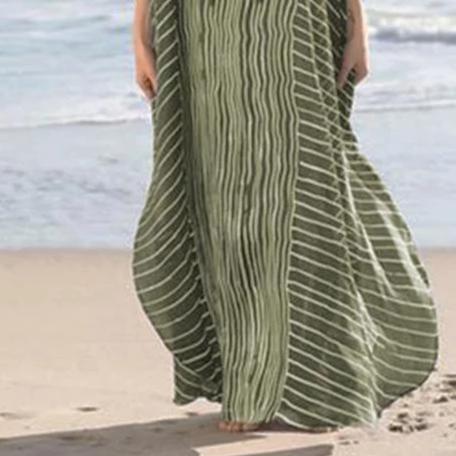 2019 Women  Summer Fashion Deep VNekk Sundress Batwiing Sleeve Striped Beach caftan
