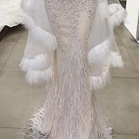New Fashion Feather Appliqued Evening Dresses caftan Middle East Prom Dress Vestiudo De Fiesta